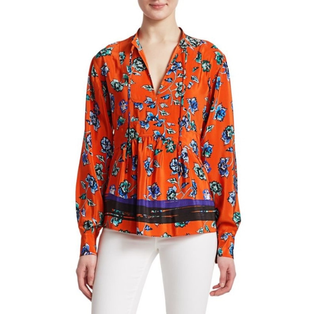 Derek Lam 10 Crosby Floral 100% Silk Blouse Size 6 Long‎ Sleeve Lightweight Chic